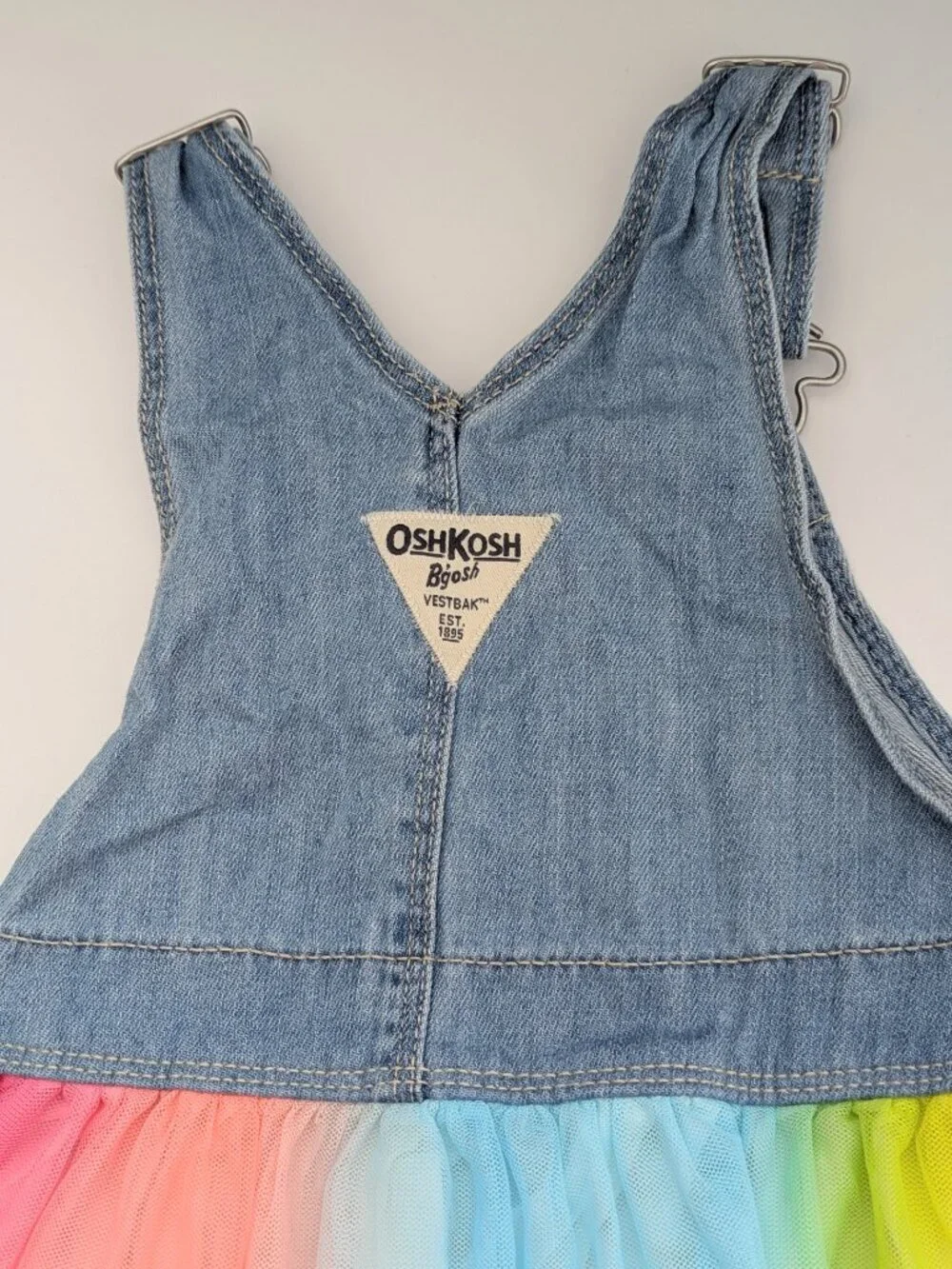 OshKosh Girls' (4T) Denim Overall Dress/Jumper with Rainbow Colored Tulle Skirt